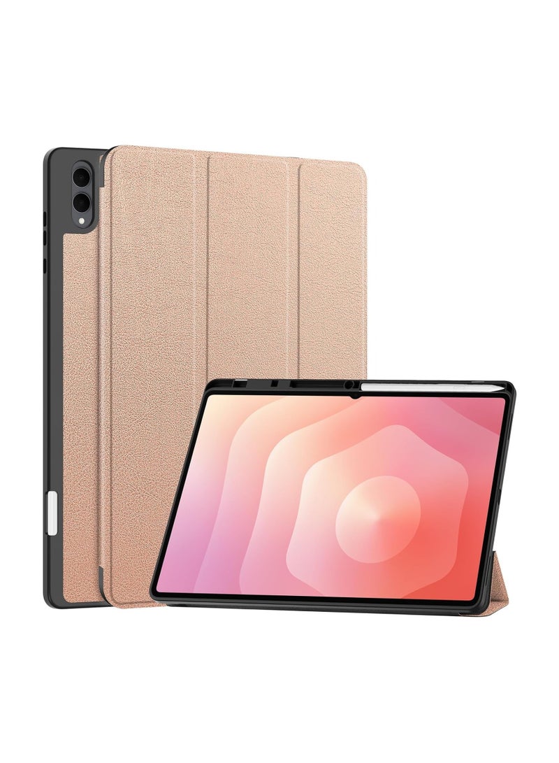 Protective case compatible with Samsung Galaxy Tab S11 Ultra 14.6-inch 2025 tablet. Triple-fold dual-balance leather cover with auto-wake/sleep functionality. Soft TPU back panel provides shock protection. Built-in pen holder.